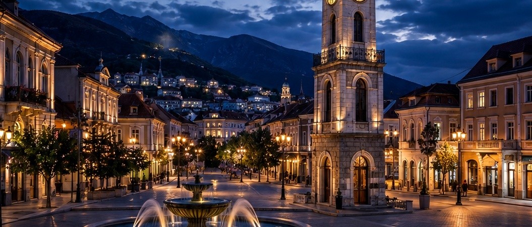Bitola's illuminated clock tower and historic centre at night, with mountains beyond