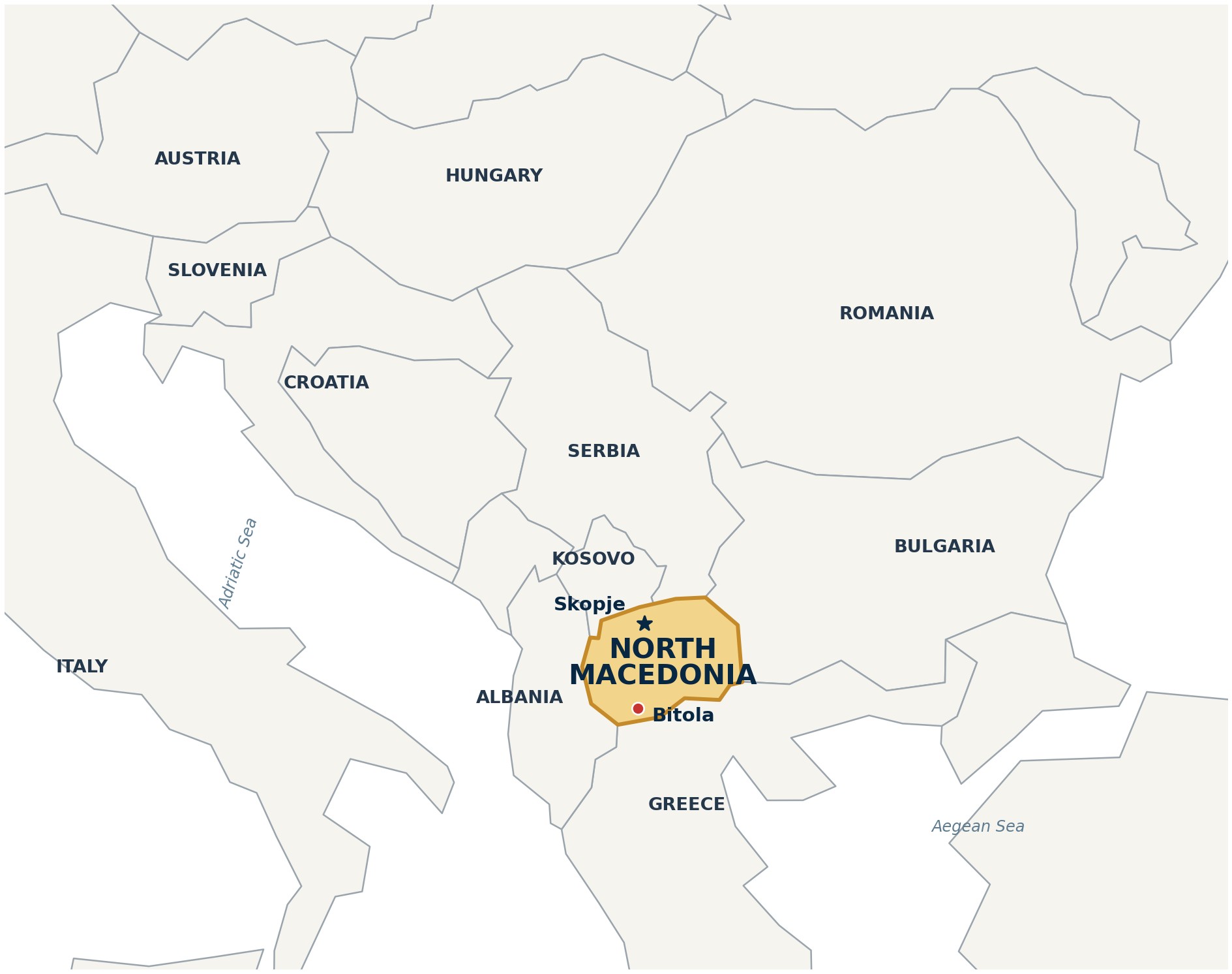 Map of southeast Europe highlighting North Macedonia, Skopje and Bitola