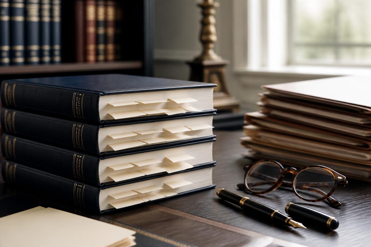 Stacked legal briefs with index tabs, a fountain pen and reading glasses on a desk